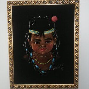 Vintage Indigenous / Native Child Velvet Painting Wall Art